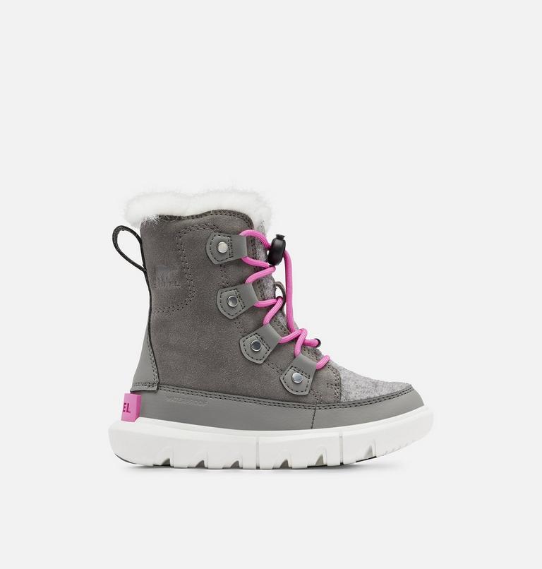 Kids Sorel Explorer Lace Winter boot, Color: Quarry, Bright Lavender, image 1