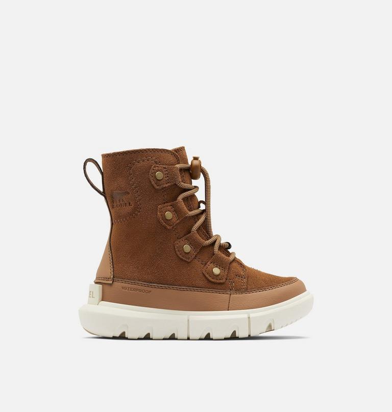 Kids Sorel Explorer Lace Winter boot, Color: Velvet Tan, Chalk, image 1