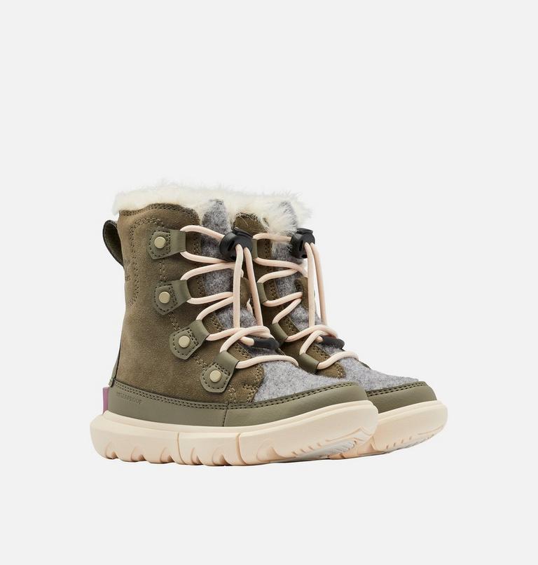 Kids Sorel Explorer Lace Winter boot, Color: Stone Green, White Peach, image 2
