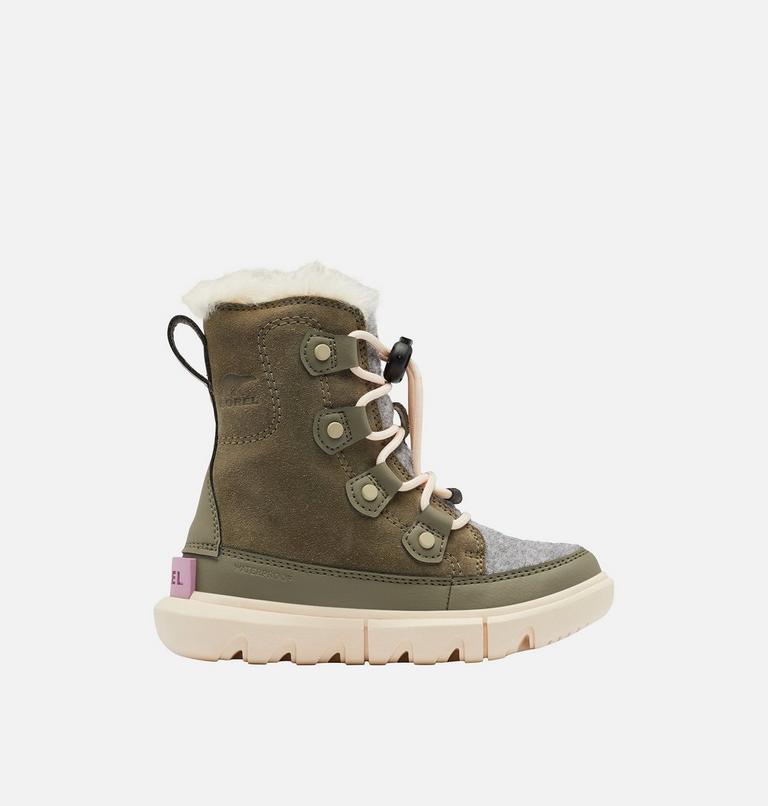 Kids Sorel Explorer Lace Winter boot, Color: Stone Green, White Peach, image 1