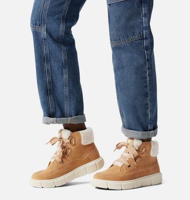 Women's SOREL EXPLORER III NW LACE Waterproof Lace-Up Boots, Color: Tawny Buff, Sea Salt, image 2