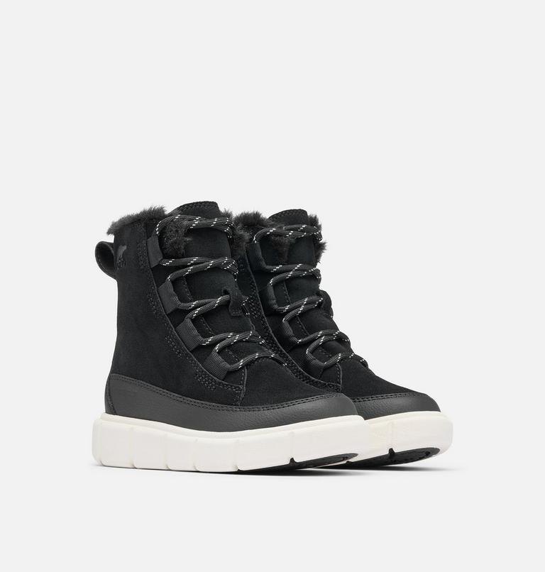 Kids' SOREL EXPLORER III LACE Waterproof Snow Boots, Color: Black, Sea Salt, image 2